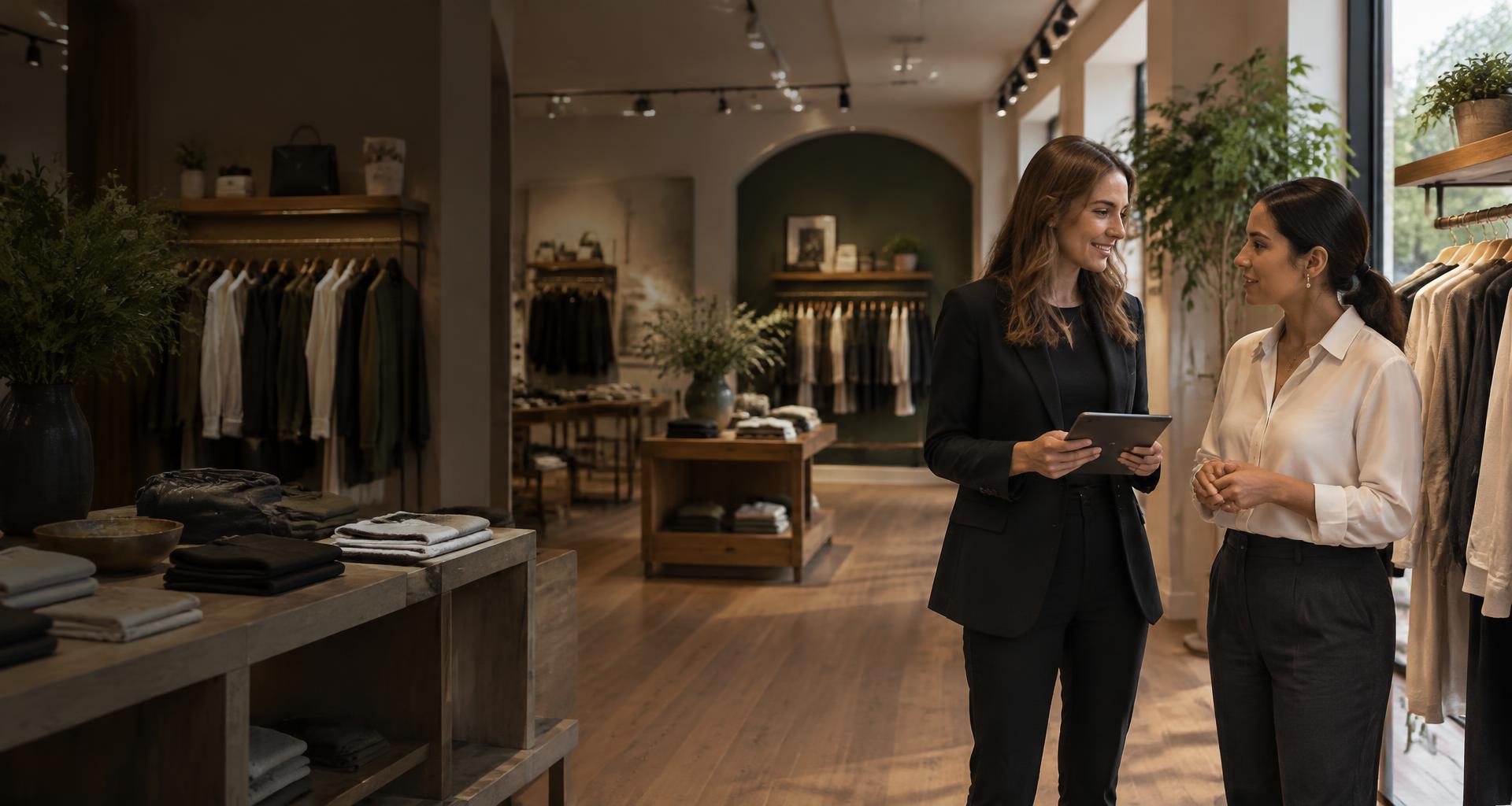 Retail manager and colleague working together with a tablet in a modern clothing store